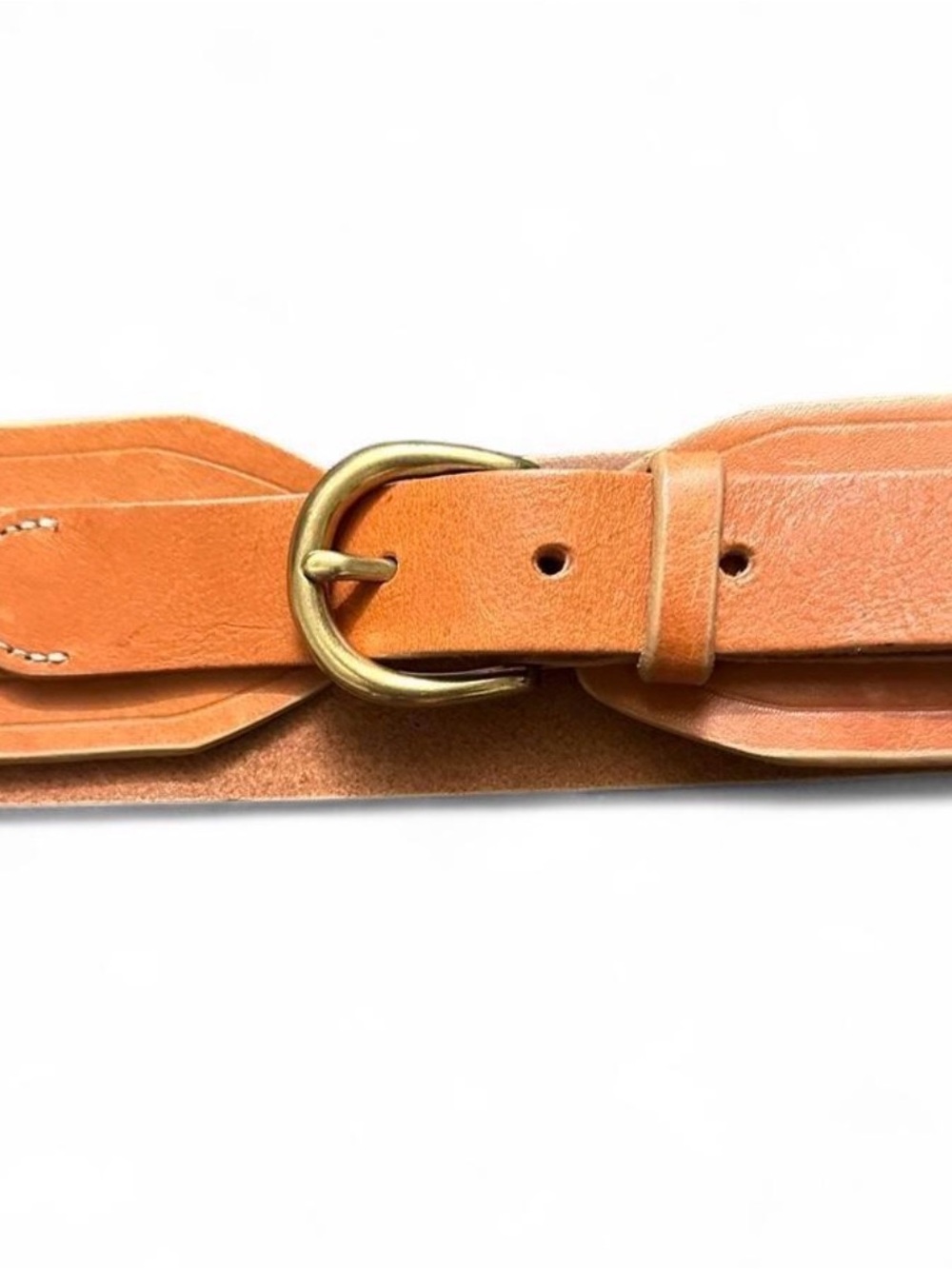 J. Crew Tan Leather Waist Belt with Gold Round Buckle - Picture 2 of 8